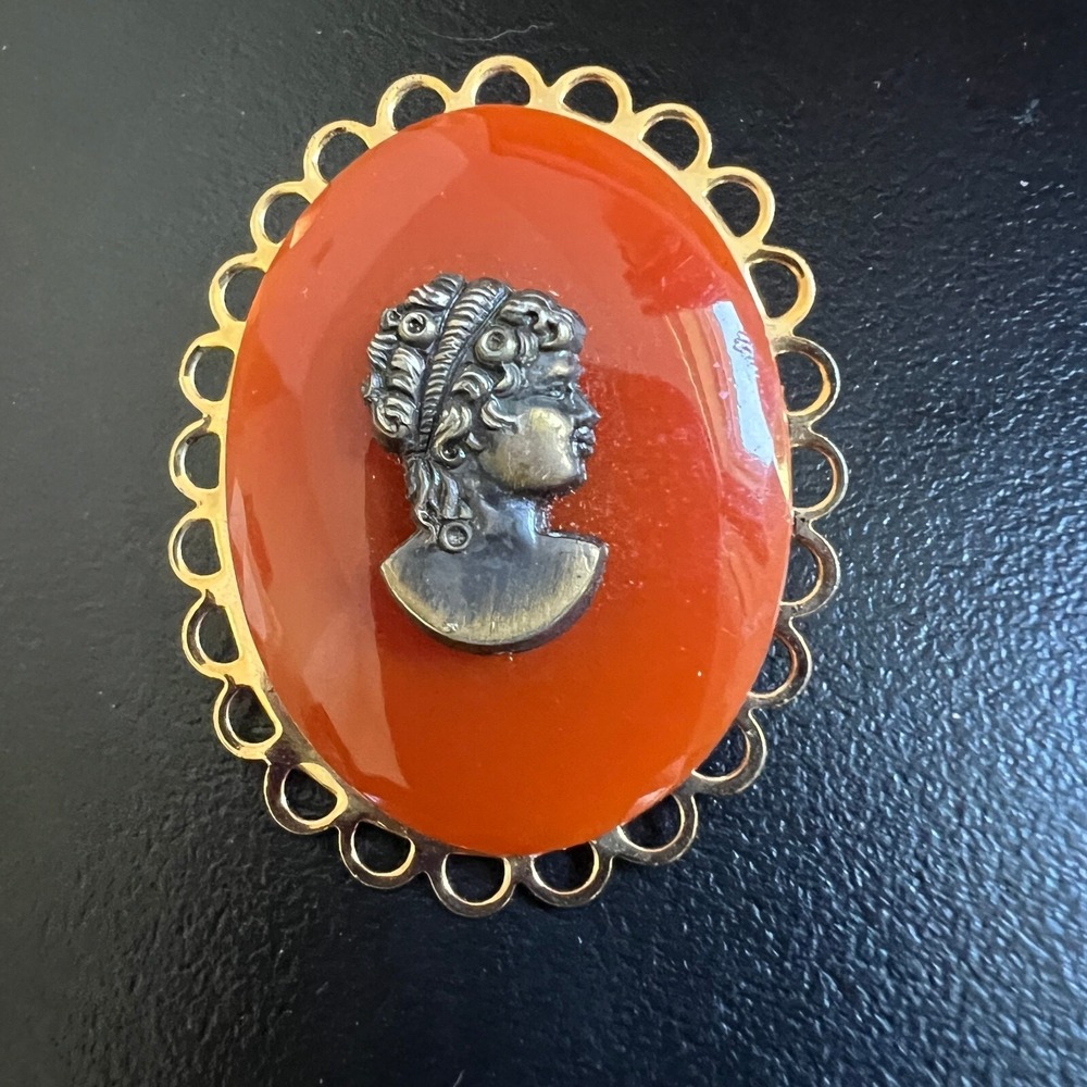 Vintage Faux Cameo Brooch Orange and Bronze Tone‎ Woman Pin